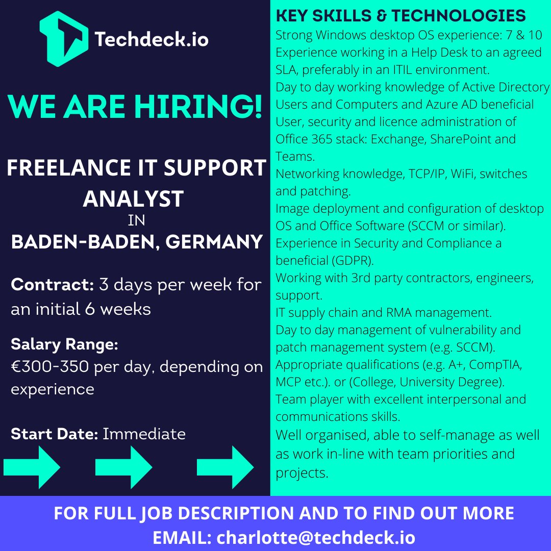 Techdeck_io's tweet photo. #germanyjobs #badenbaden #ITJobs #itcareers #freelanceITjobs #freelancers #ITsupport https://t.co/EzY91Bw5tc