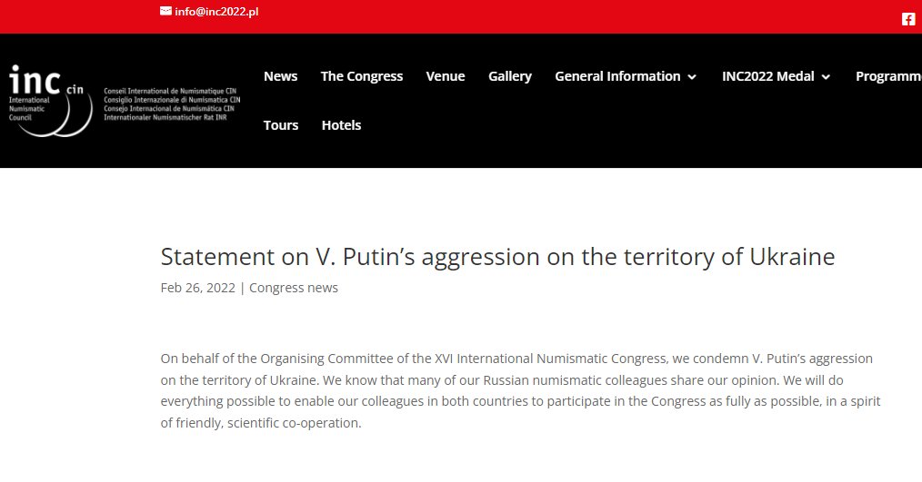 On behalf of the Organising Committee of the XVI International Numismatic Congress <a href="/inc_2022/">inc_2022</a>, we condemn V. Putin’s aggression on the territory of Ukraine. We know that many of our Russian numismatic colleagues share our opinion. +