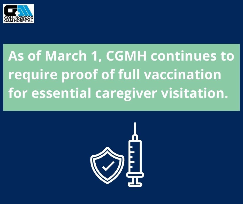 At this time, CGMH continues to require essential caregivers, under the designated visitor policy to show proof of vaccination when entering the hospital. CGMH is committed to keeping our patients, community and employees safe.