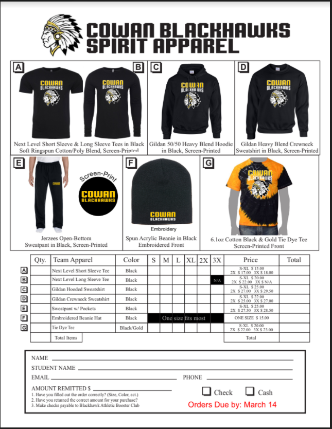 cowanboosters's tweet photo. Get your gear for spring sports! The Booster Club is taking Spirit Wear Orders again! The order form can be printed from this post or copies are at the HS. We can email you if you send a request through DM or our email at blackhawkathleticboosters@gmail.com. All orders due 3/14! https://t.co/nWs7sYDD64