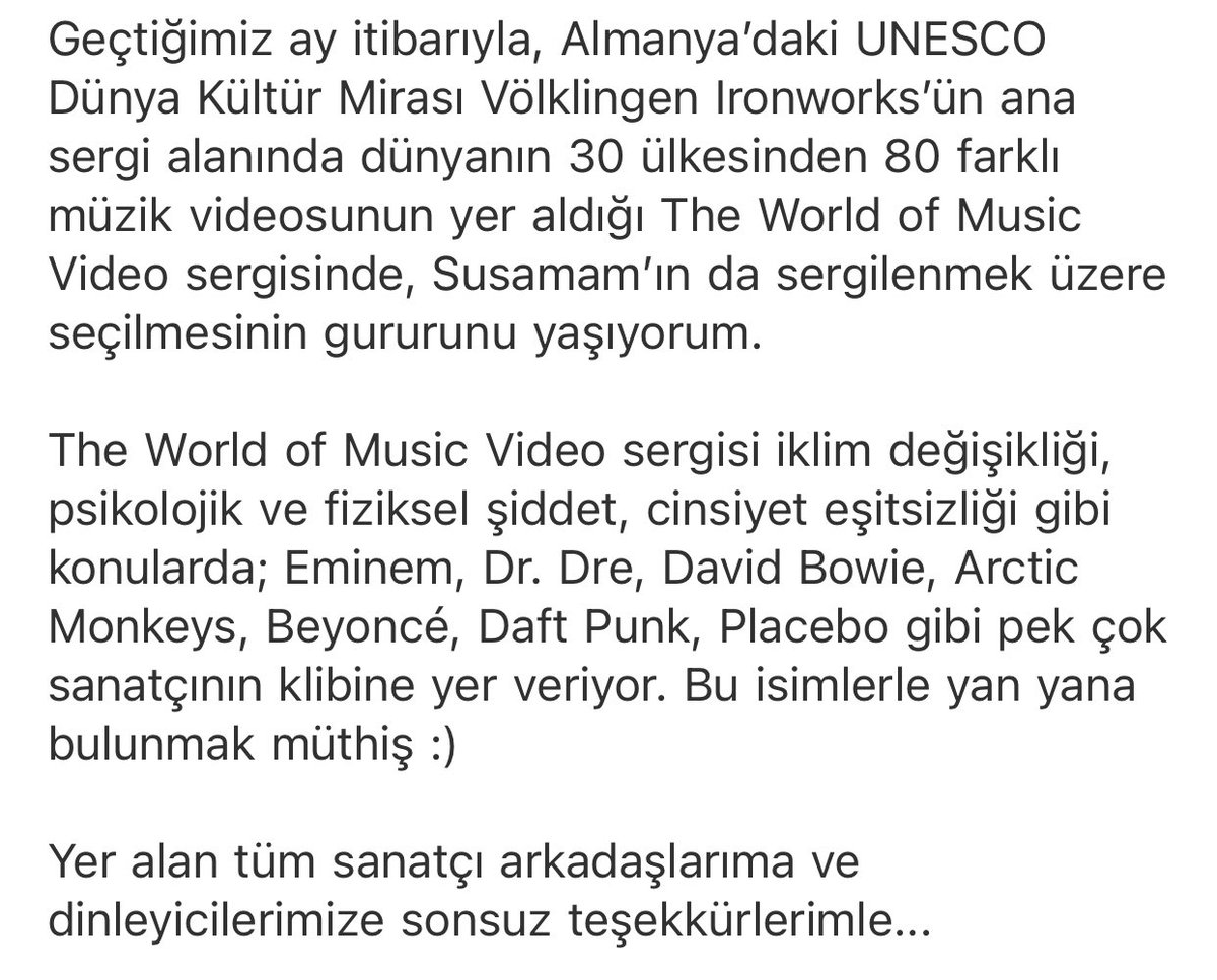 sarppalaur's tweet photo. Almanya’daki UNESCO Dünya Kültür Mirası Völklingen Ironworks’ün ana sergi alanında dünyanın 30 ülkesinden 80 farklı müzik videosunun yer aldığı “The World of Music Video” sergisinde “Susamam” da yer aldı☺️🙏 https://t.co/0A0c5DAUTO