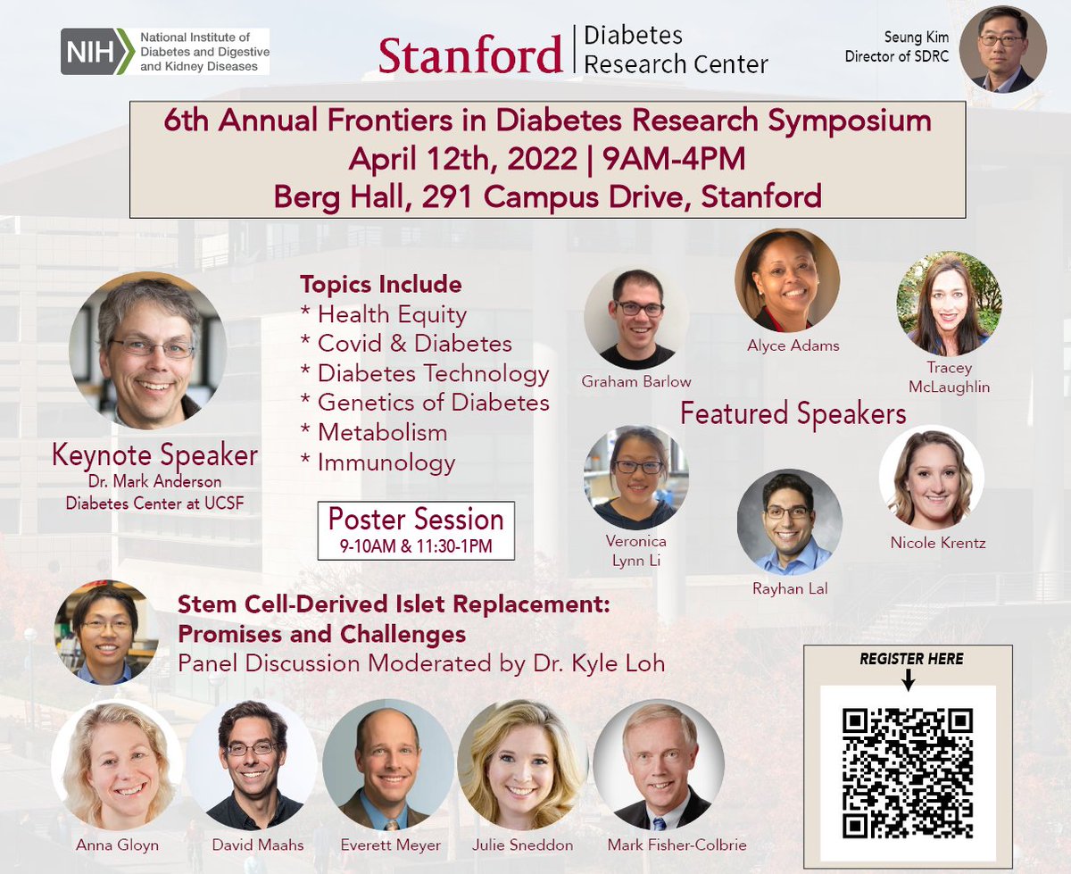 Excited to announce the <a href="/StanfordDRC/">Stanford Diabetes Research</a> 6th Annual Frontiers in Diabetes Research Symposium 
April 12, 2022 | 9am-4pm
Stanford, CA
#diabetes 
#islets
#metabolism 
Register here: tinyurl.com/p7af5y4r