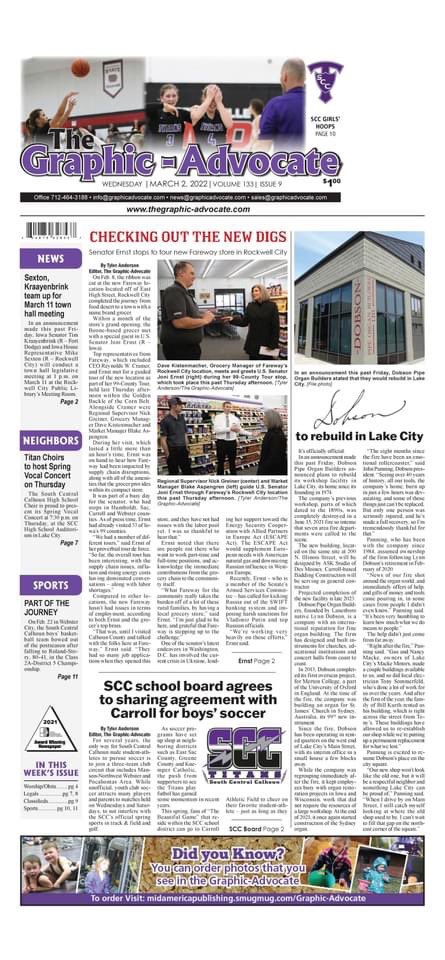 GraphicAdvocate's tweet photo. A ton of local news? ✅
A full page tribute to @SCC_GBB? ✅

This week's issue is loaded, starting with @SenJoniErnst’s visit to @Fareway_Stores in Rockwell City last Thursday and Dobson Pipe Organ Builders' intent to rebuild in Lake City. 

#LocalJournalism https://t.co/Tx2yLLAg31