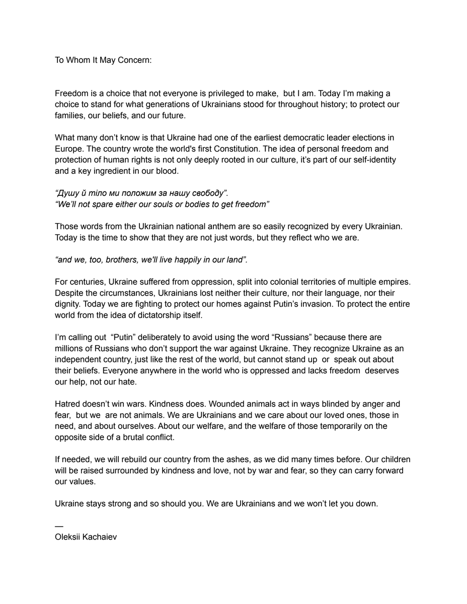 kachayev's tweet photo. To my dear friends in US. I left LA in a hurry. In this dark time, I have to be where my nation 🇺🇦 needs me the most. I didn't have time to talk to any of you. Hope this letter, - beating Ukrainian heart ♥️ compressed into a single page, - will help you to understand my decision. https://t.co/1p9GfjVs49