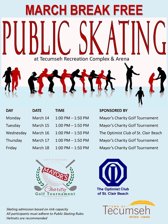 TecumsehRec's tweet photo. Join us for FREE Public Skating at Tecumseh Recreation Complex &amp; Arena this March Break!⛸️March 14th to 18th from 1:00-1:50pm.
Thank you to our sponsors: The Mayor's Charity Golf Tournament and The Optimist Club of St. Clair Beach. https://t.co/RTnB0lYTu1