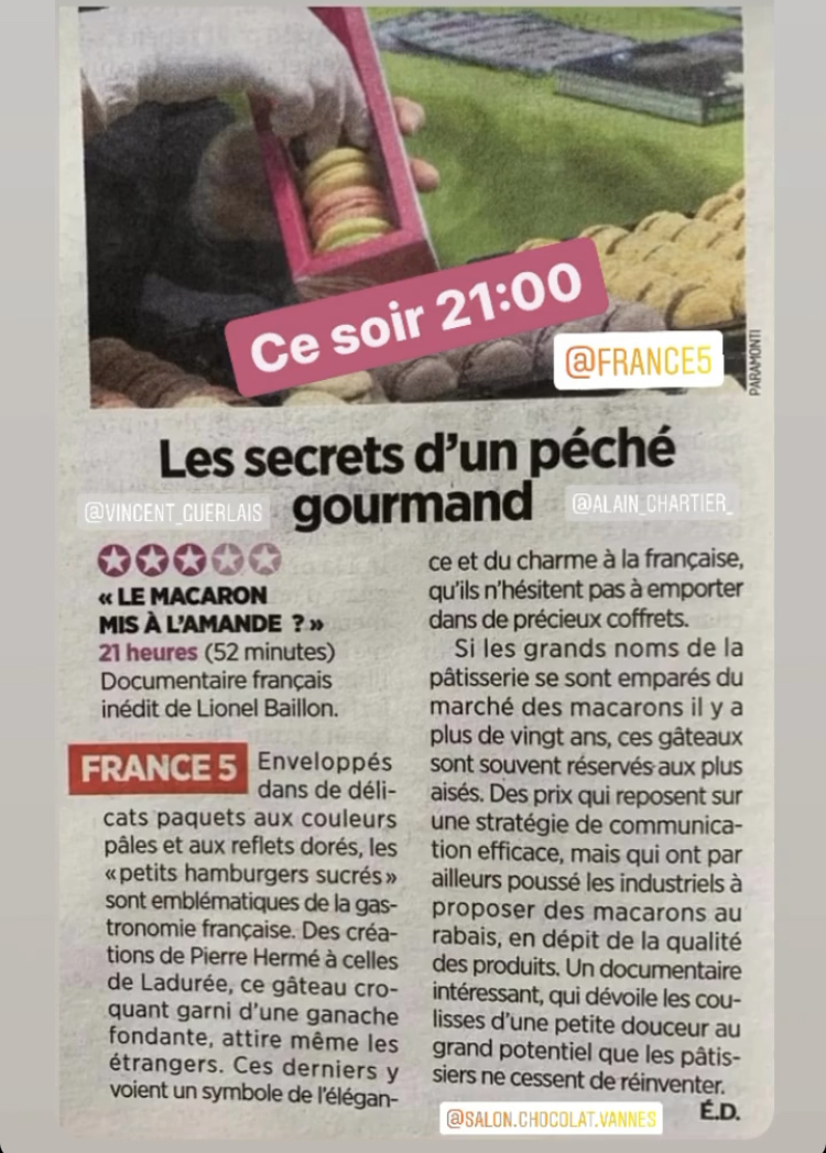 N'oubliez pas ! CE SOIR 21h00 sur @France5tv ! 
📺 #MACARONS
Le reportage filmé en partie lors de la finale internationale de #Vannes chez <a href="/AlainChartier56/">AlainChartier</a> (13 Nov 2021) au Salon du Chocolat Pâtisserie 
<a href="/ConcoursMacaron/">Concours MACARON Fr</a> #ConcoursMacaronAmateur #Macaron #Concours <a href="/VincentGuerlais/">Vincent Guerlais</a>