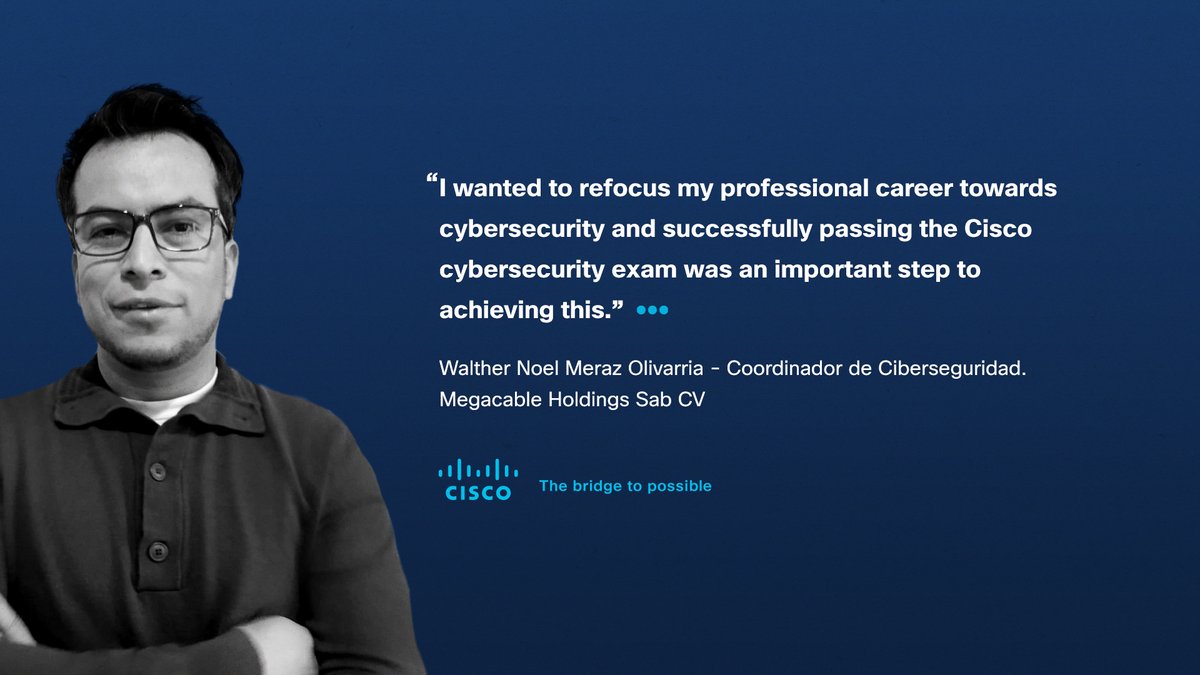 Congrats to my fellow Gatewayer, Walther, Coordinator de Cibersecuridad Megacable Holdings Sab CV, who made the most of the learning opportunities in The Gateway &amp;amp; obtained the CyberOps Associate certification! #CiscoGateway #SecurityHeroes #CiscoSec infl.tv/kCEj