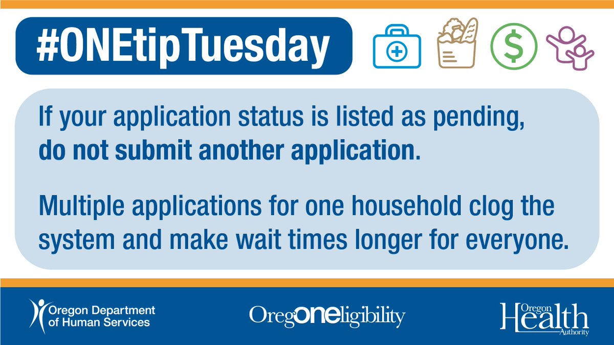 ORHumanServices's tweet photo. There's an unprecedented need for benefits like medical, food, cash and child care assistance. We are working through applications as quickly as possible, but some are taking longer than we’d like. Check out this tip to make your experience as smooth as possible. #ONEtipTuesday https://t.co/46PzHKZlAI