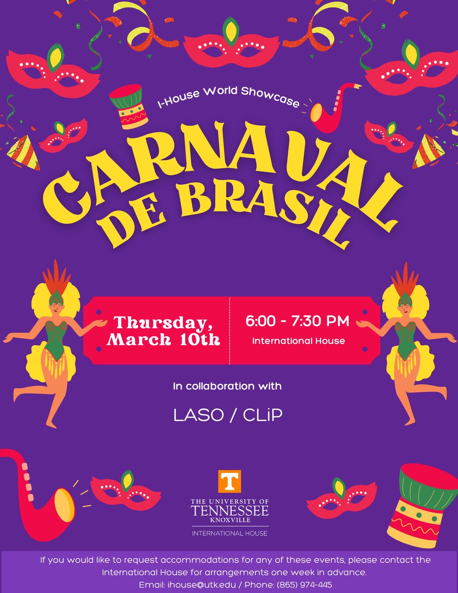 Come celebrate the Carnaval de Brasil with @UTK_IHOUSE, @clip_utk, and <a href="/LASO_UT/">LASO UTK</a>

This Thursday, March 10th, from 6:00 to 7:30 PM at the I-House. Nos vemos!

#globalengagement #utk #tennessee
#universityoftennessee