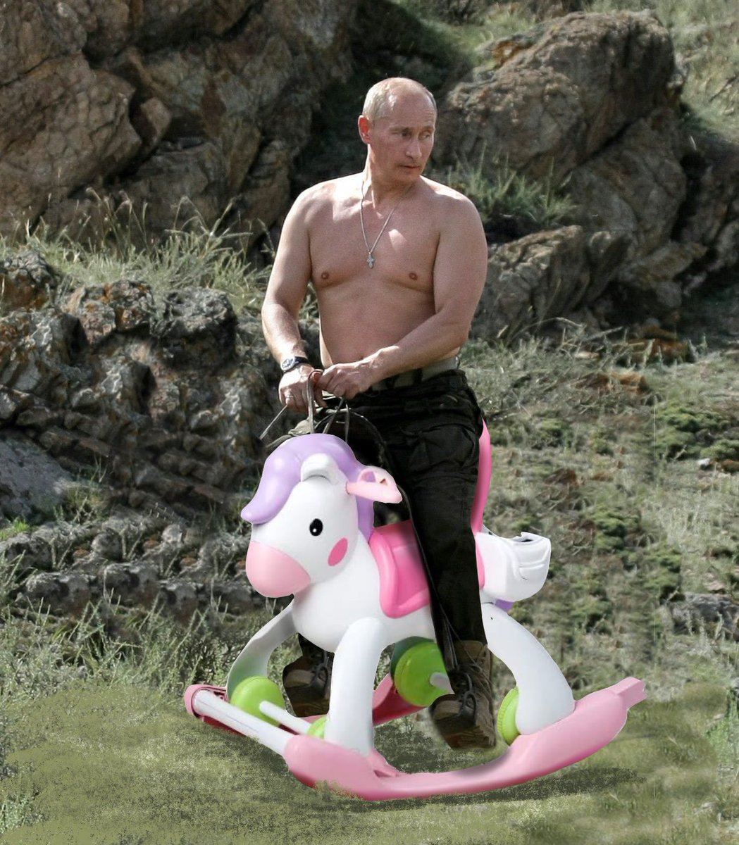 OFalafel's tweet image. Whilst I realise this offers no real practical help, I looked hard at my skillset and decided that crudely photoshopping Putin onto a Fisher Price Little Mommy Rocking Horse seemed like the best I could do all things considered. I would hate for you to share this image