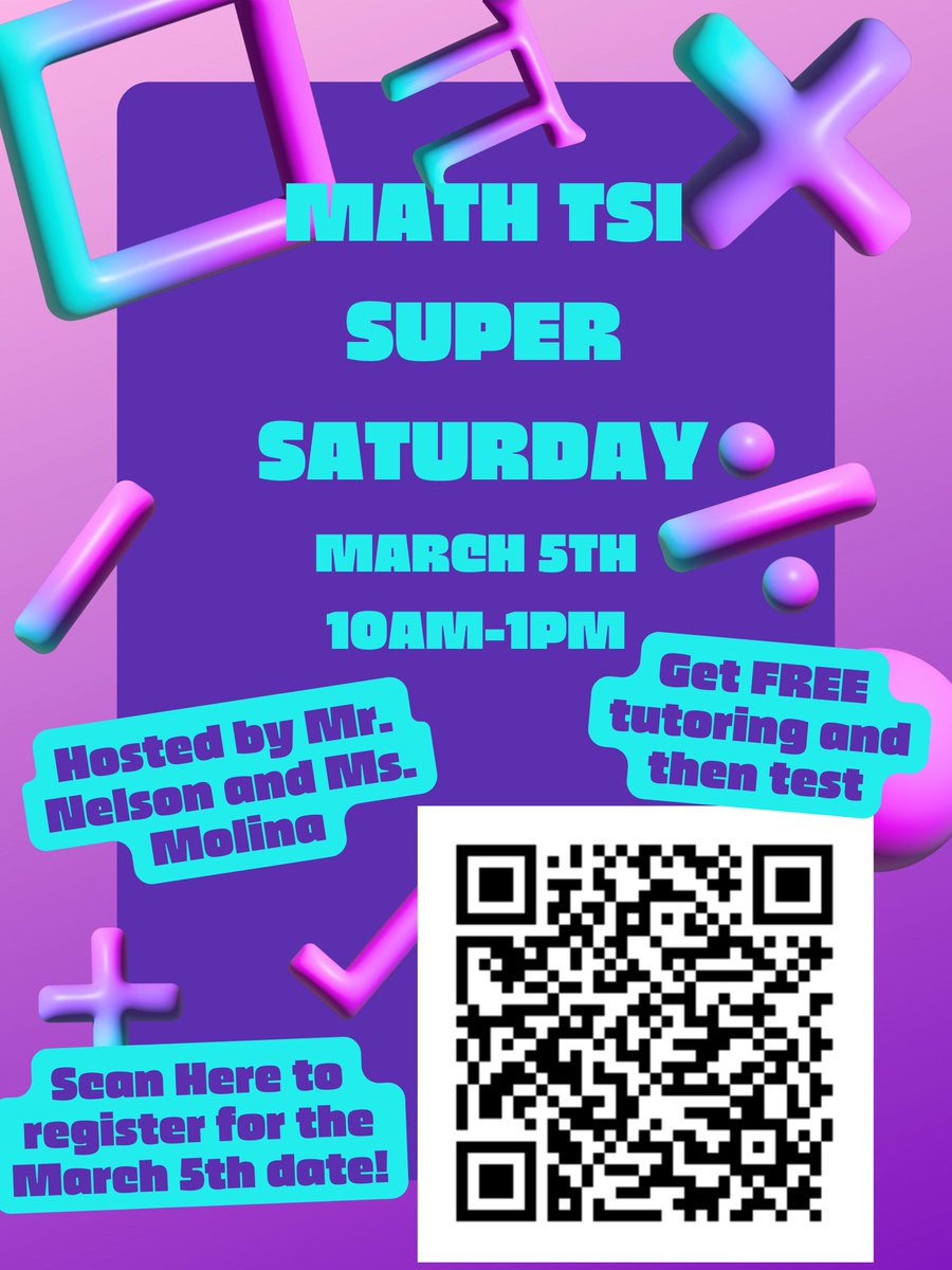 Are you wanting to be TSI Math Complete? Are you having trouble with the Math Section of the TSI and want FREE tutoring? 
Come to the TSI Math Super Saturday on March 5th 10am to 1pm! Get FREE tutoring and then test! Register here: calendly.com/nelsonlhs/tsi-…