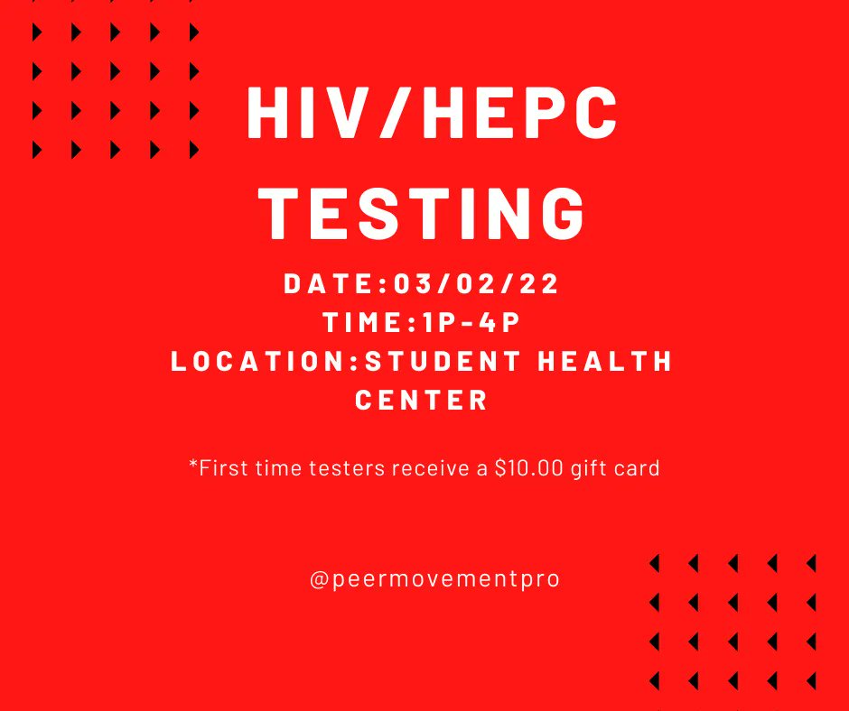 PeerMovementPro's tweet photo. Central State come on out tomorrow for free testing! 
Location: Student Health Center 
*first time testers will receive a $10.00 gift card https://t.co/BbQ29r0bPR