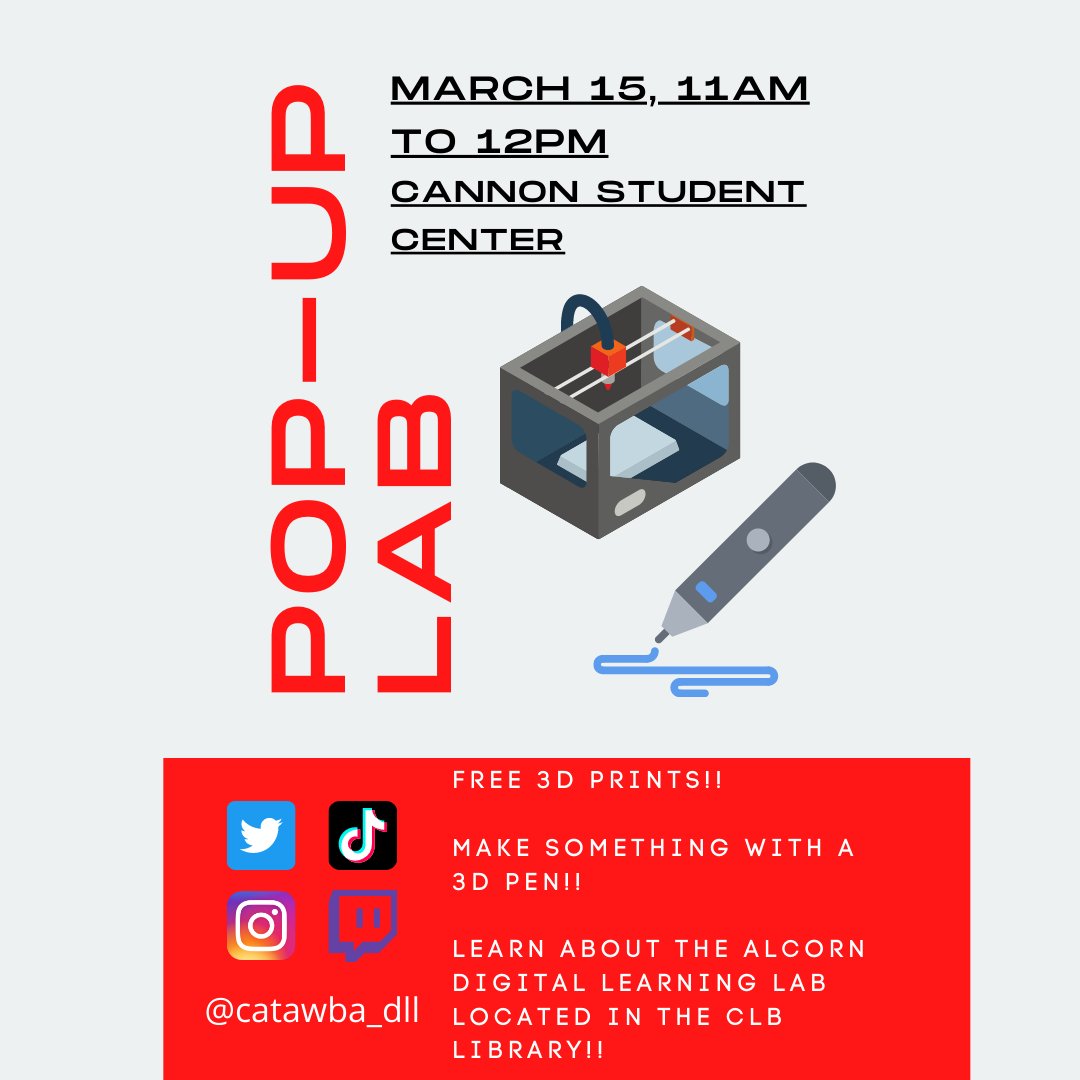 Come out to our Pop-Up Lab in the Student Center Tuesday, March 15th. Experience 3D printers and pens and take some prints with you!