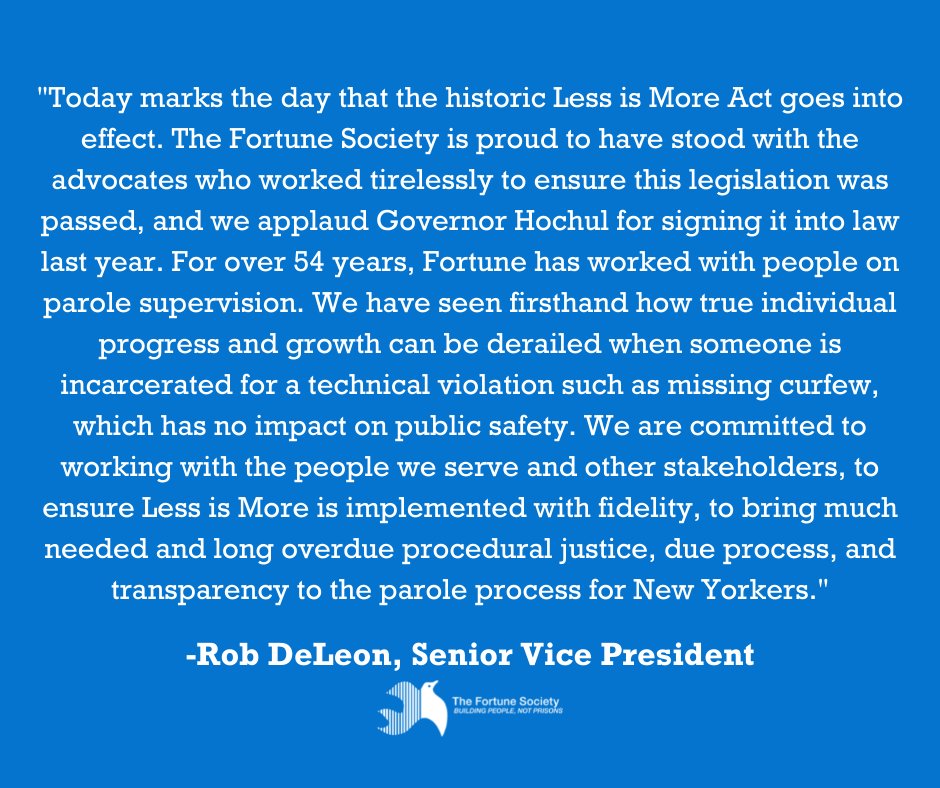 Statement from Fortune Society's Senior Vice President, Rob DeLeon, as #LessIsMoreNY goes into effect today.