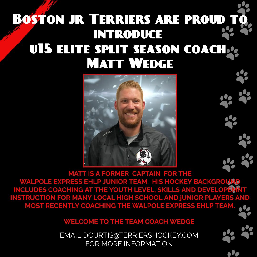 Jr_Terriers's tweet photo. We would like to welcome new U15 Elite, Head Coach, Matt Wedge, to the BJT family! He comes to the Terriers with an extensive coaching background. Welcome Coach Matt!! 👏👏👏
#bostonjrterriers #hockey #hockeytwitter #hockeycoach #hockeyeast #Boston #goterriers https://t.co/3zoRMXTHCI