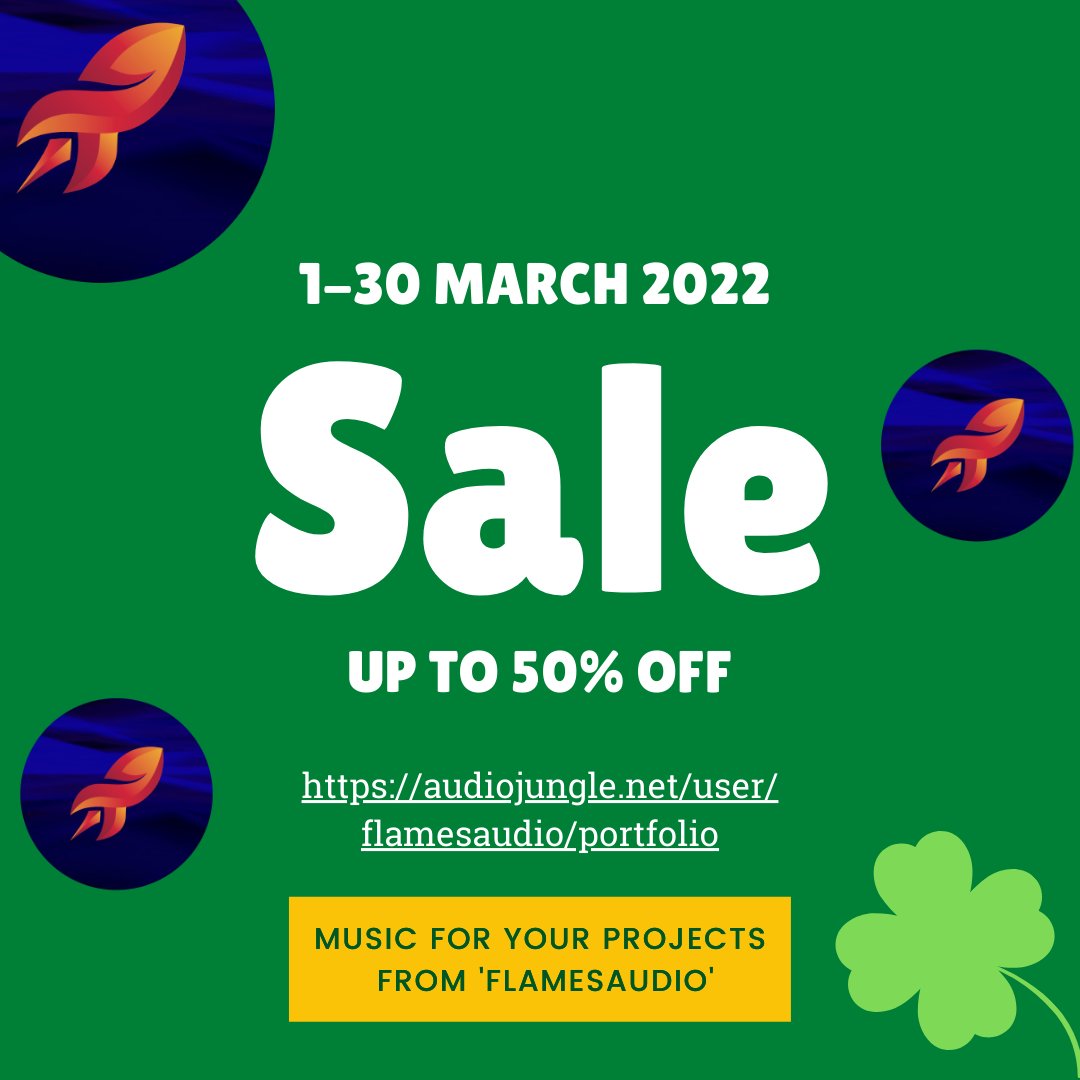 flames_audio's tweet photo. SPRING SALE! 1-30 March! Up to 50%!
Check it out! All prices 5$!
https://t.co/XDAtOZLO4A

#audiojungle #envato #flamesaudio #sale #springsale #backgroundmusic #musicformedia #royaltyfreemusic #musicforvlog #musicfortravel #springmusic .   #copyrightmusic #westernmusic #formedia https://t.co/QzOaa17TIO