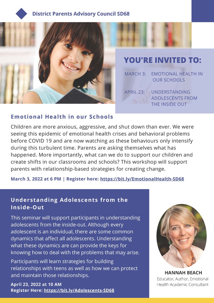 sd68bc's tweet photo. District Parents' Advisory Council @sd68bc hosts workshops in Mar &amp; Apr: Emotional Health in our Schools Mar 3; Understanding Adolescents from the Inside-Out Apr 23. Workshops intended to help parents understand adolescents &amp; support children with relationship-based strategies https://t.co/TspOoIWuiM