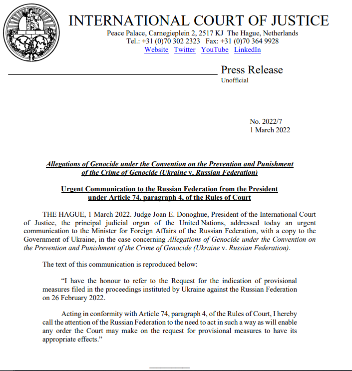 CIJ_ICJ's tweet photo. PRESS RELEASE: Judge Joan E. Donoghue, President of the #ICJ, addressed today an urgent communication to the Minister for Foreign Affairs of the Russian Federation under Article 74, paragraph 4, of the Rules of Court https://t.co/N1GKFAzr8c https://t.co/7hJWqBpUsE