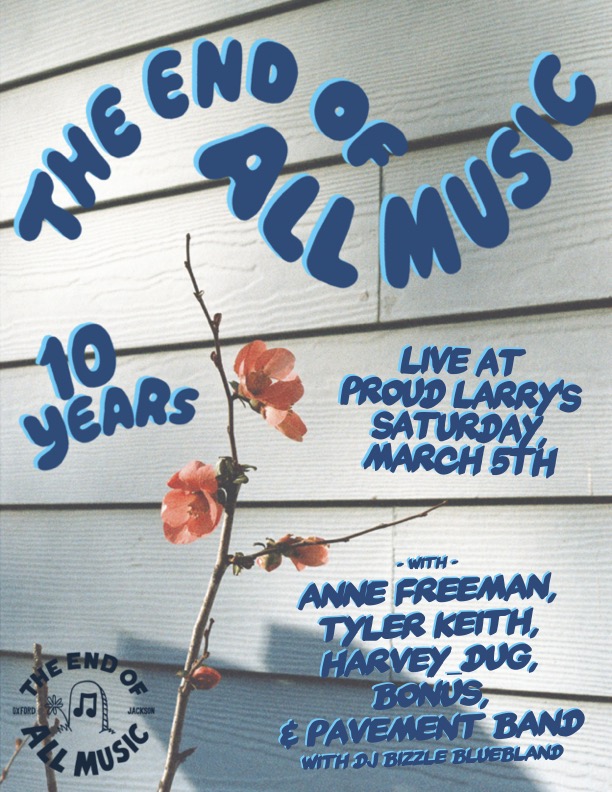 Proud Larry's (@proudlarrys) on Twitter photo Happy 10 year anniversary <a href="/endofallmusic/">The End of All Music</a>! ❤️🔥 Join us this Saturday 3/5 for an epic celebration featuring Anne Freeman, Tyler Keith, harvey_dug, Bonus, Pavement Band and DJ Bizzle Bluebland.
🎫: eventbrite.com/e/244542702807 Happy 10 year anniversary <a href="/endofallmusic/">The End of All Music</a>! ❤️🔥 Join us this Saturday 3/5 for an epic celebration featuring Anne Freeman, Tyler Keith, harvey_dug, Bonus, Pavement Band and DJ Bizzle Bluebland.
🎫: eventbrite.com/e/244542702807