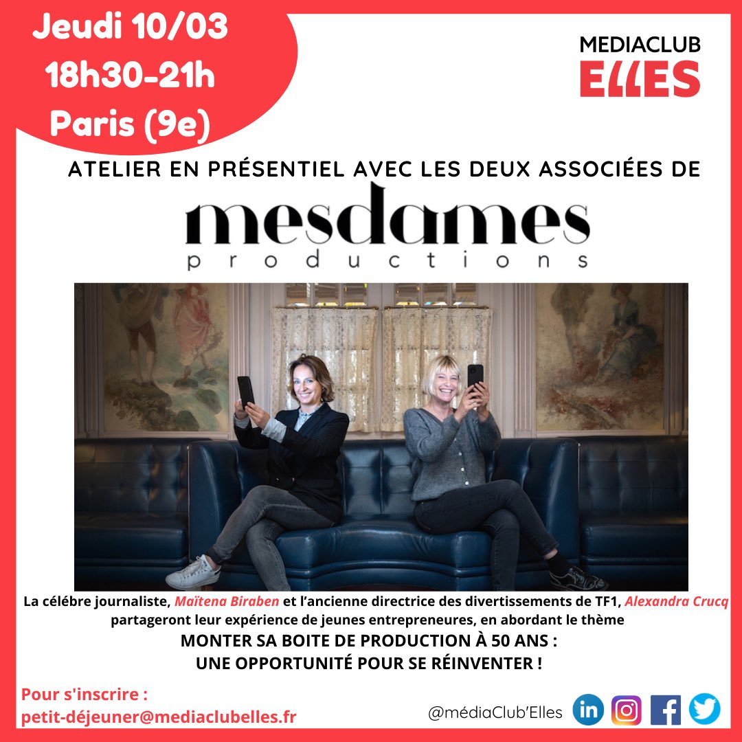 Mediaclubelles's tweet photo. 🔜 Notre Prochain #atelier avec @mesdamesprod👩🏻‍🤝‍👩🏼🤩
Pour vous inscrire, merci de contacter👇🏼
petitdejeuner@mediaclubelles.fr 

Hâte de vous y retrouver ☺️✨

@acq357 @MaitenaBiraben @FlorenceSandis 

#atelier #media #femmes #production #eventproduction #powerofwomen https://t.co/28IhtIDsqL