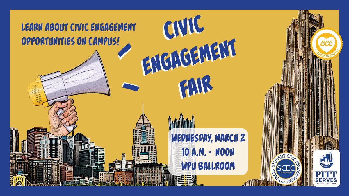 PittResLife's tweet photo. Join our friends @PittServes for tomorrow's Civic Engagement Fair! https://t.co/TMhGUPJKY0