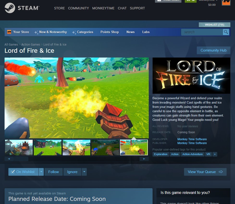 MonkeyTimeSoft's tweet photo. Fire + Ice = Steam!!! Our game page is now live on Steam and you can now wishlist it! Again thanks to everyone that played it at the LVL UP EXPO. 
#lordoffireandice #lvlupexpo #gaming #vrgamers #vrgames #indiegames #indiedev #videogame https://t.co/oOhW5NWkfH