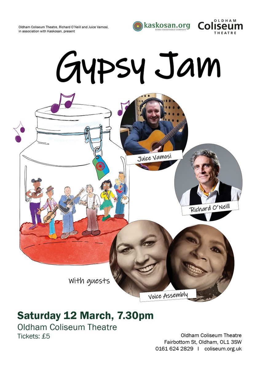 OldhamColiseum's tweet photo. On Saturday 12 March @juicyvamosi and @therroneill are joined on the Coliseum stage by @voice_assembly for a live jam session as part of our #GypsyJam series exploring the rich lyrical and performance traditions of the Roma and Romani cultures, in partnership with @KaskoSanLtd https://t.co/UOmrBMxGrH