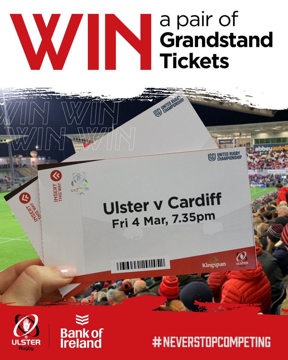 UlsterRugby's tweet image. 💥TICKET GIVEAWAY💥
 
WIN! 2x Grandstand tickets for #UlsterRugby v Cardiff this Friday at Kingspan Stadium courtesy of 
@bankofireland 🙌

Just follow the 2 steps:
1️⃣ ❤️ &amp;amp; RT this tweet
2️⃣ Follow @UlsterRugby

The winner will be contacted by 5pm Wed. #NeverStopCompeting