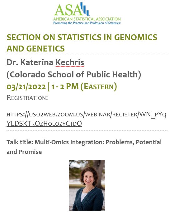 ASA_SSGG's tweet photo. #March #webinar 
Topic: Multi-Omics Integration: Problems, Potential and Promise
Speaker: Dr. Katerina Kechris
Date/Time: 03/21/2022, 1-2 PM (EST)
Registration (required): https://t.co/DNsNQ8rCnP

#multiomics #Bioinformatics #genetics @AmstatNews https://t.co/PwnNdNgD6Y