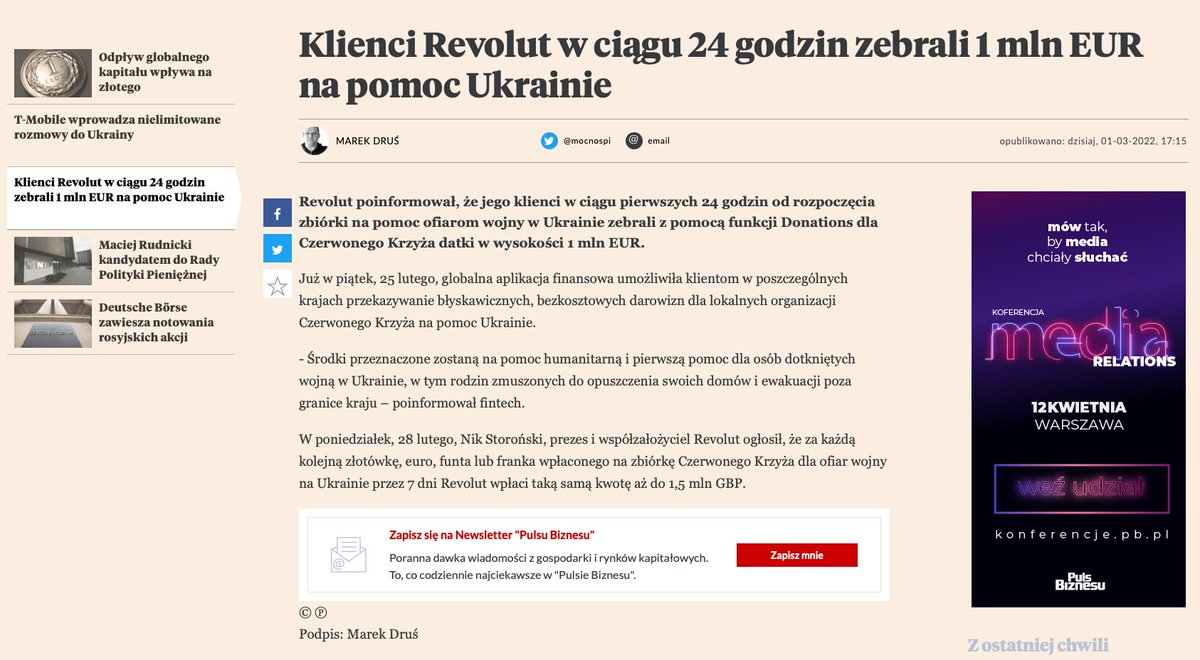 StefanBogucki's tweet photo. Nik Storoński, prezes i współzałożyciel @RevolutApp: za każdą złotówkę, euro, funta lub franka wpłaconego na zbiórkę Revolut Donations i Czerwonego Krzyża dla ofiar wojny w Ukrainie od dziś przez 7 dni #Revolut wpłaci taką samą kwotę aż do 1,5 miliona £ 🇺🇦 https://t.co/1XO65OcDFo https://t.co/UbetI90yxU