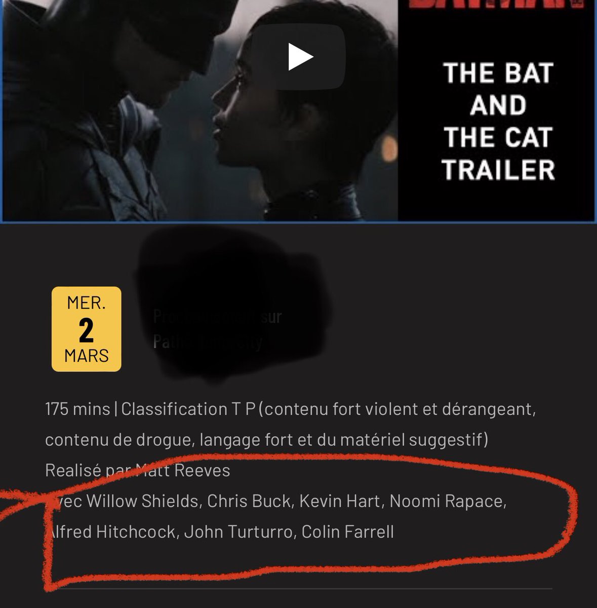 fouf_WB's tweet photo. Tomorrow I’m gonna watch « The Batman » finally yay !! 
I just bought my ticket and I noticed something is wrong in the description.. the cast names 🤦🏻‍♀️😆😆 
#TheBatman #RobertPattinson https://t.co/QGzeZvjLAV