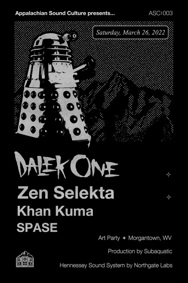 🔊❕MORGANTOWN ❕🔊 
We are absolutely PUMPED to present ASC: 003 on Saturday, March 26th, W/ @dalekone21 , <a href="/zenselekta/">𝗭𝗘𝗡 𝗦𝗘𝗟𝗘𝗞𝗧𝗔</a> , Khan Kuma &amp; SPASE 🔊🤝  Hennessy Sound System provided by @northgate_labs and production by <a href="/SubaquaticProd/">SubaquaticProductions</a> 🔊

see y’all there 🔊

🎟 Ticket Link in Bio 🎟