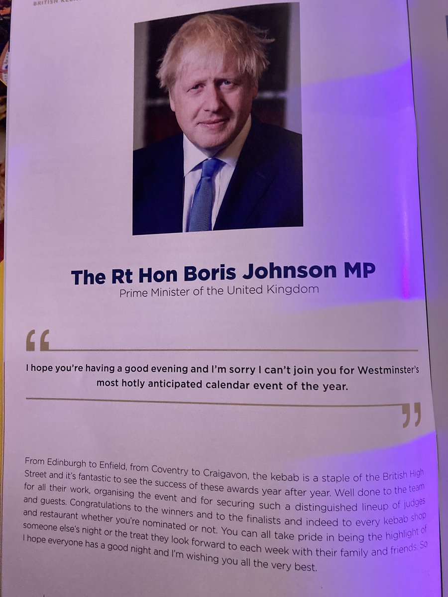 mikeysmith's tweet photo. Messages of support from @BorisJohnson, @Keir_Starmer and @nadhimzahawi in the #kebabawards programme.
#kebaftas https://t.co/m5TMesAZVw