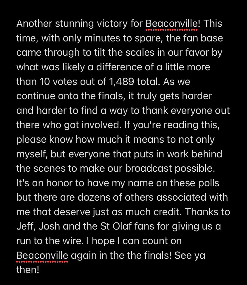 Twitterless Matt Meisenbacher wants to give a big thank you to all of Beacons nation after a thrilling semifinal victory (remember the finals starts tomorrow at 11am) #beaconstrong #beaconfamily @UMBMENSHOCKEY @UMBWHockey