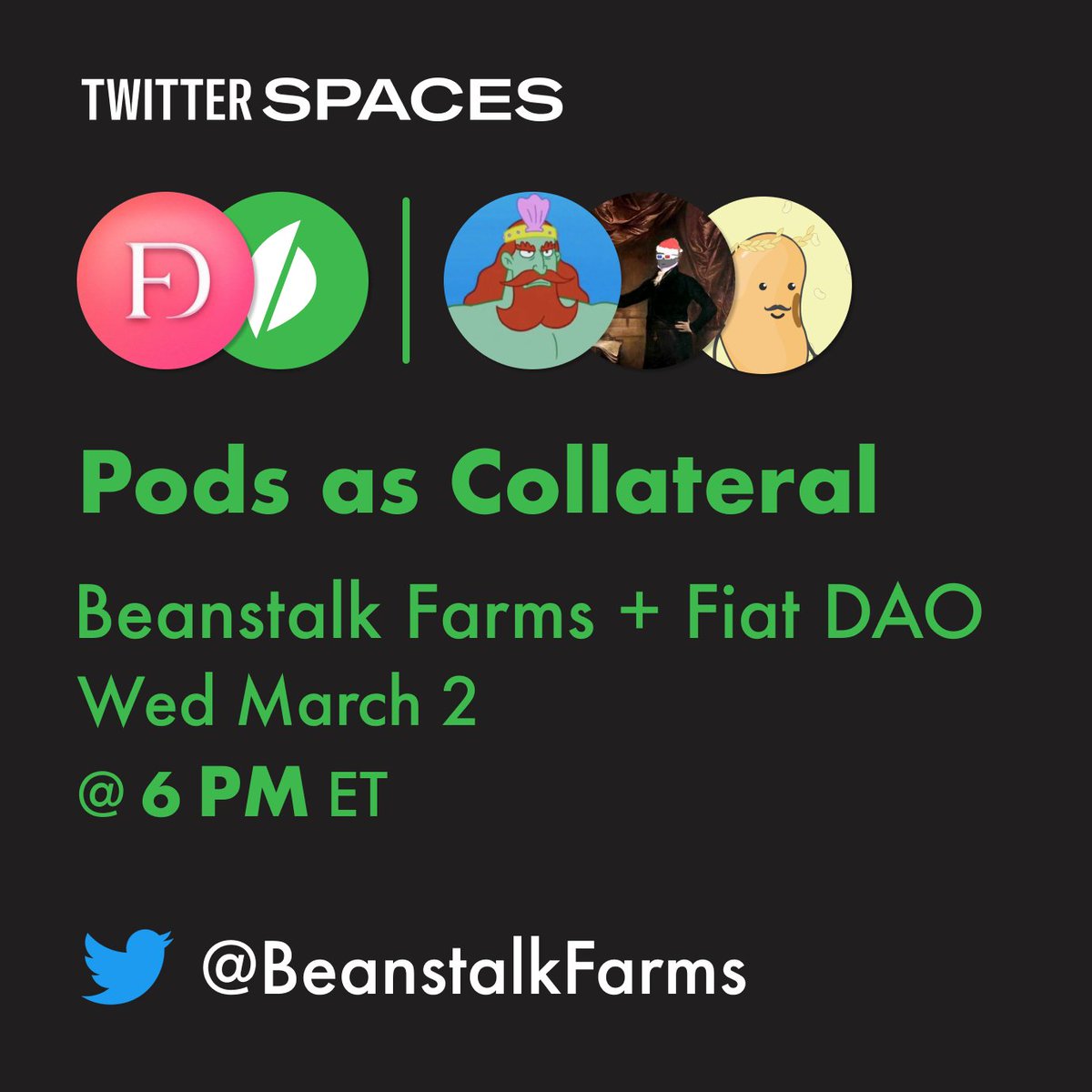 BeanstalkFarms's tweet photo. Excited to announce that @isthispublius and @maxsowbeanstalk will be chatting with @fiege_max from @fiatdao about enabling Pods as a collateral type tomorrow at 3pm PT/ 6pm ET.  Join here : https://t.co/TgY4tes8xc https://t.co/RUTcYewaqj