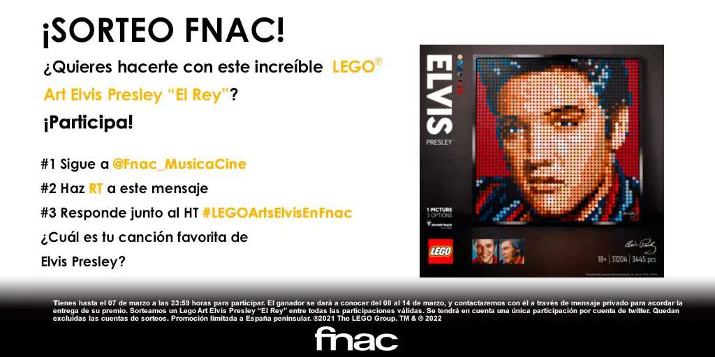 Fnac_MusicaCine's tweet photo. Si te apasiona los #Lego y la #Música esto te encantará

¡Participa en el sorteo de este LEGO Art #ElvisPresley El Rey!

✅Sigue a @Fnac_MusicaCine
✅RT 
✅Responde junto al HT #LEGOArtsElvisEnFnac ¿Cuál es tu canción favorita de Elvis?

¡Exclusivo #Fnac!
https://t.co/dPaqbxD7fQ https://t.co/3jlDUE4sOV
