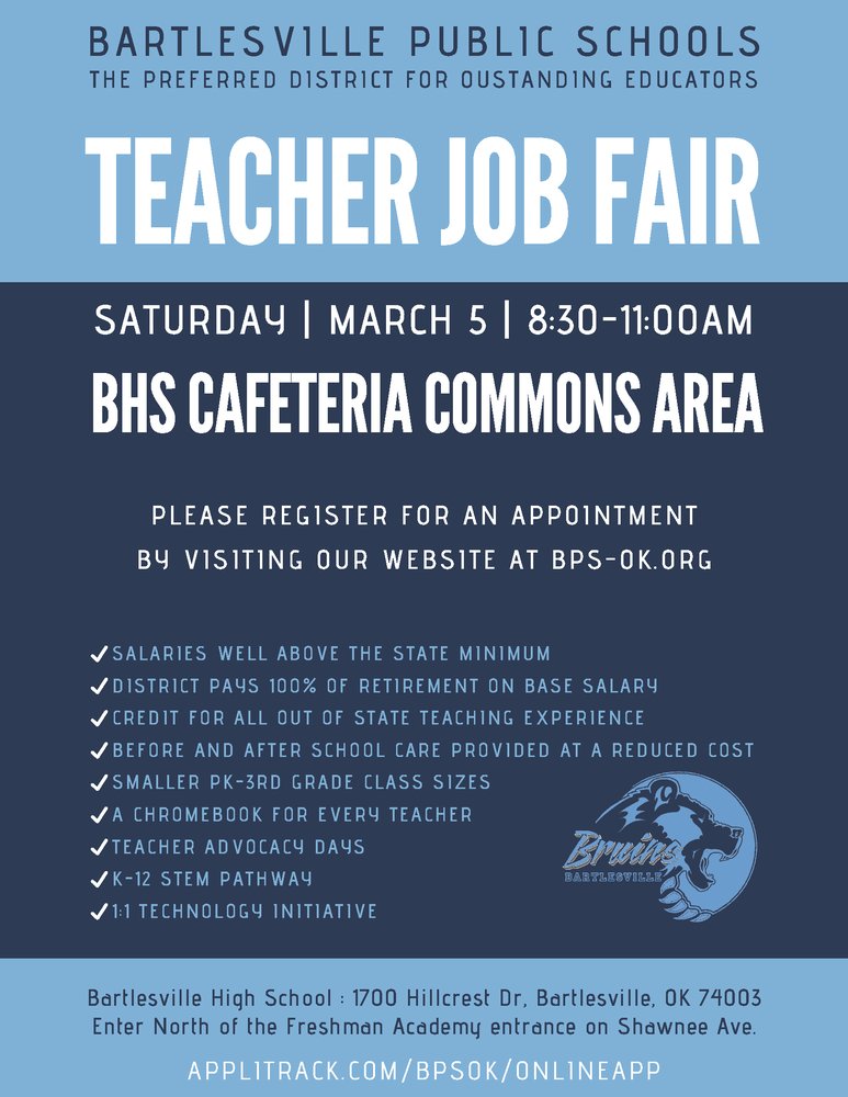 BPSDBruins's tweet photo. Teacher Job Fair on Saturday, March 5 #bvillebruwin https://t.co/X0R1HQvHKA https://t.co/9B9uHQzQ0x