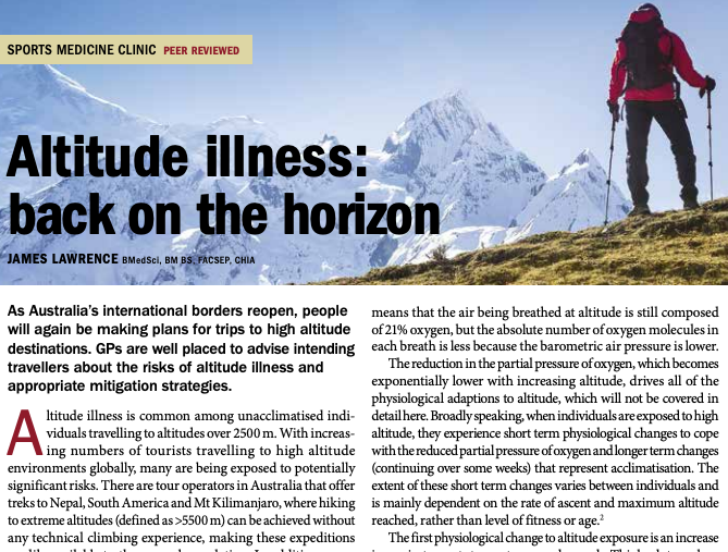 MedTodayJournal's tweet photo. As Australia’s international borders reopen, people are making plans for trips to high altitude destinations. What are the risks of altitude illness? What are the appropriate mitigation strategies? https://t.co/BlVxhx0tGO
Thanks to @drjameslawrence @North Sydney Sports Medicine https://t.co/tku93zYIBv
