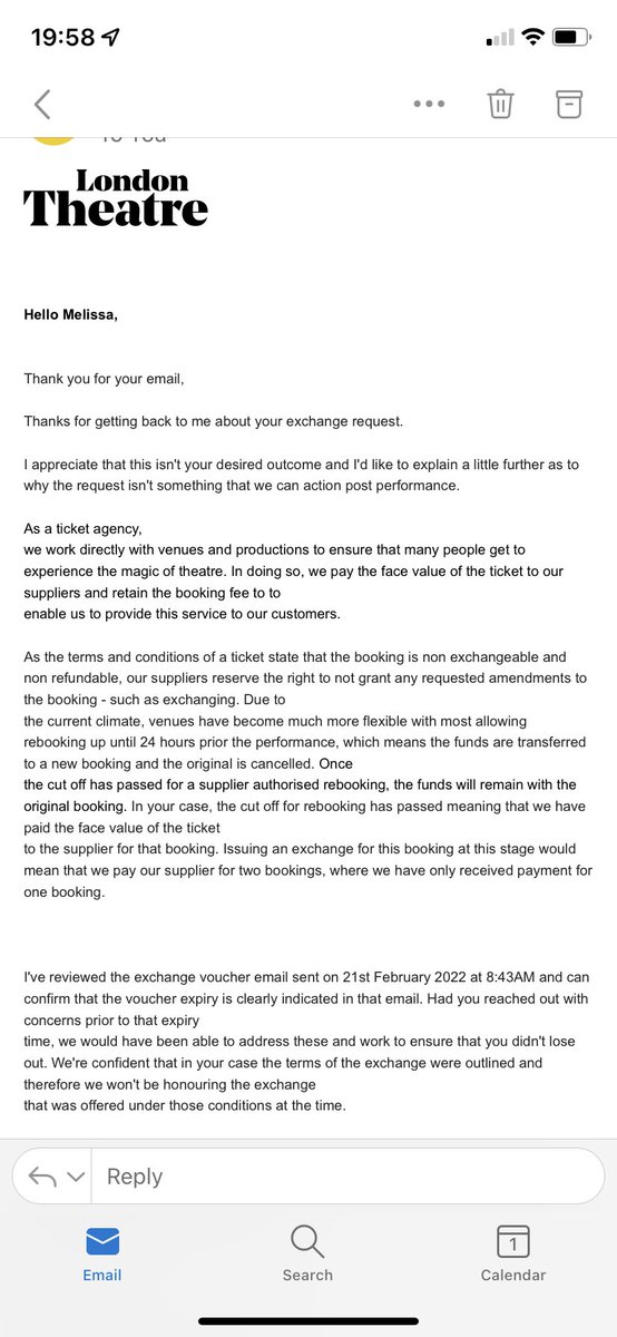 Mel4870's tweet photo. @londontheatre I have DM you only to get an insulting response!  Do you think it’s appropriate to give anyone a 2day window when ill to try to rebook tickets when you wouldnt even offer a full refund for something genuine? You must be the only company who offers nothing if you’re Covid positive https://t.co/5M8oTaZ1lQ