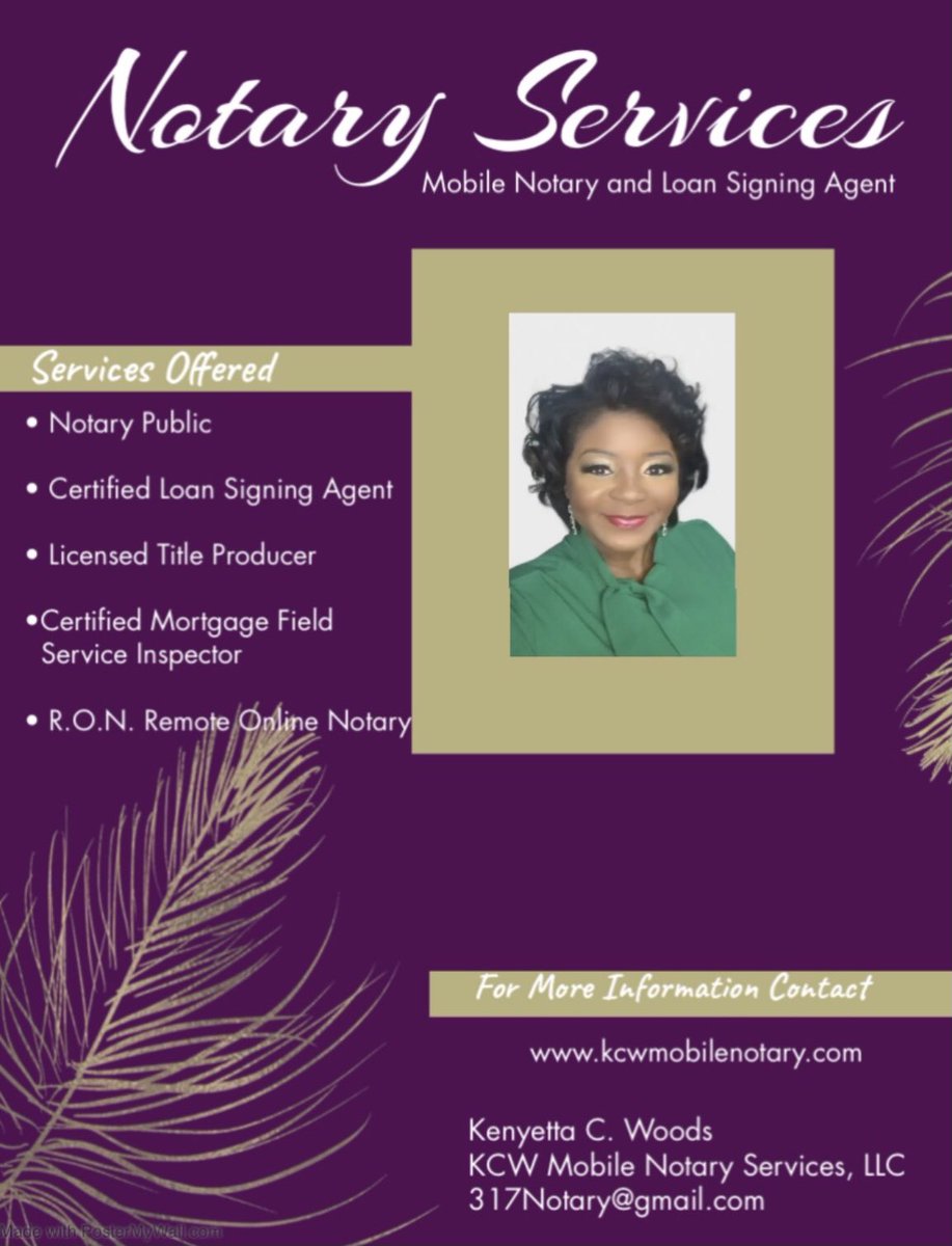KCW Mobile Notary Services, LLC 
Proudly servicing Indianapolis, Carmel, Fishers, and surrounding areas.

I look forward to doing business with you.

💻kcwmobilenotary.com
📧317Notary@gmail.com
📲317-721-7578

#notarypubic
#indynotary 
#kcwmobilenotary