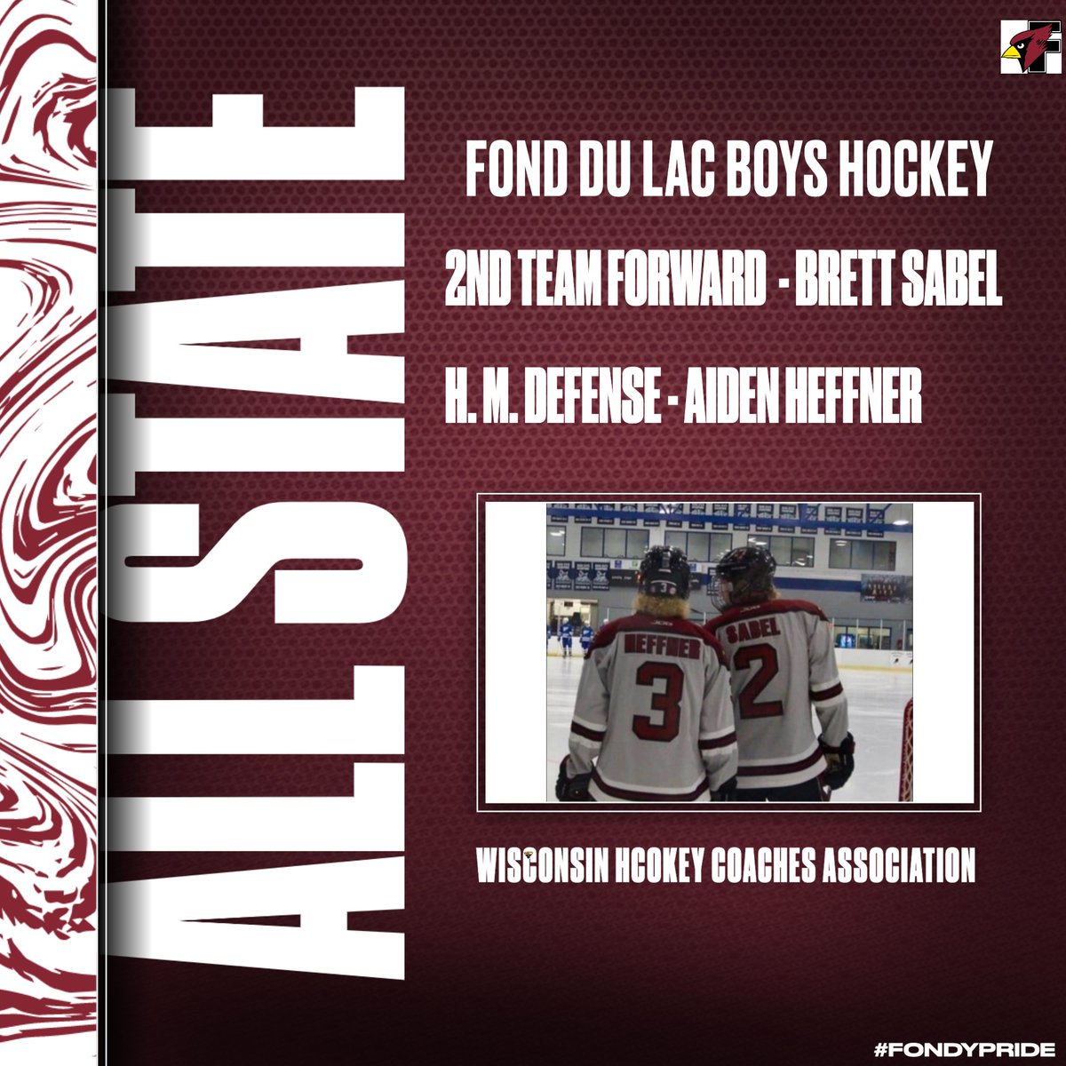 Fondy_AD's tweet photo. Congratulations to the following Fondy Boys Hockey players on being named All State through the WHCA, Brett Sabel - 2nd Team Forward and Aiden Heffner - Honorable Mention Defense! #GoCards https://t.co/iud16wi8is