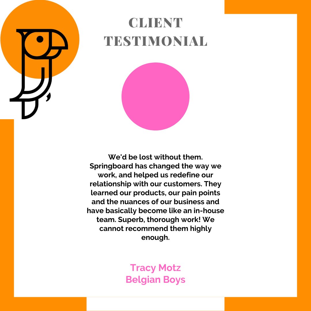 Springboard_hq's tweet photo. Real Client Testimonials: Amazing products, even better people!
@belgianboys
#cx #cpg #dtc #ecommerce #outsource #customerservice #clienttestomonial https://t.co/09M0sOfBol