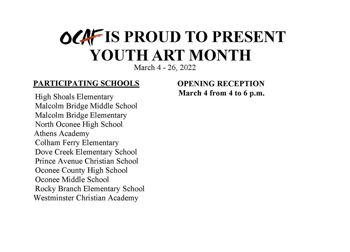 OCAFDirector's tweet photo. Oconee Cultural Arts Foundation
@OCAFDirector
·
32m
Oconee County Schools' Youth Art Month exhibition will be on display at OCAF starting March 4 - March 26.  Hours: Tues - Sat from 10 a.m. to 4 p.m.  Reception Friday, March 4 from 4 - 6 p.m. Please join us! #oconeecounty #ocaf https://t.co/jWHGuL7Bus