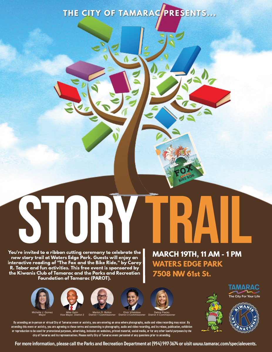 CityofTamarac's tweet photo. You're invited to the ribbon-cutting ceremony on March 19th, 11 a.m. - 1 p.m., to celebrate the new Story Trail at Waters Edge Park. Enjoy an interactive reading of “The Fox and the Bike Ride” by Corey R. Tabor and fun activities. https://t.co/ciiFiHpG5D