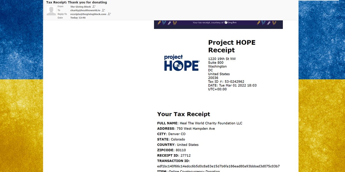 Healtheworld_io's tweet photo. Our first donation, a sum of 10000 $USDT, has been made to @projecthopeorg in support of the #HOPEforUkraine movement to deliver medical supplies to serve refugees affected by the #RussianUkrainianWar . We hope this small donation will make a big difference to #HealtheWorld https://t.co/hpJXFadSne