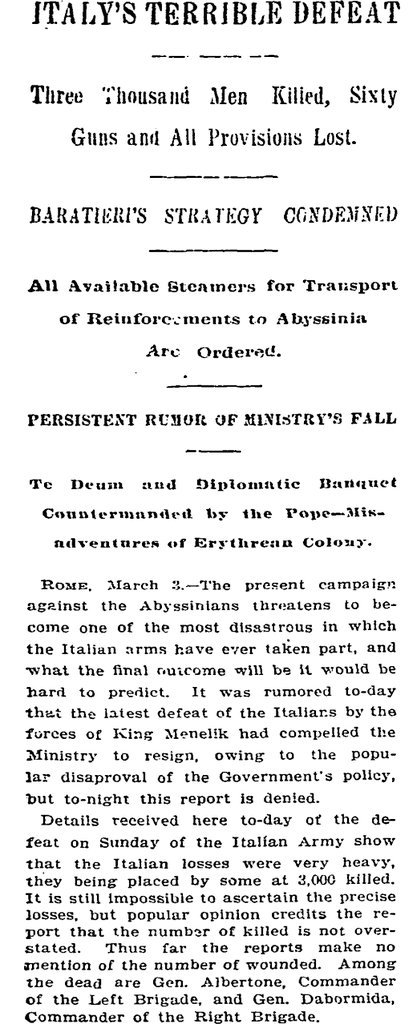 Dug up some 1896 New York Times wartime reports on the catastrophic Italian invasion of Ethiopia that same year and how the Italians forces were getting…