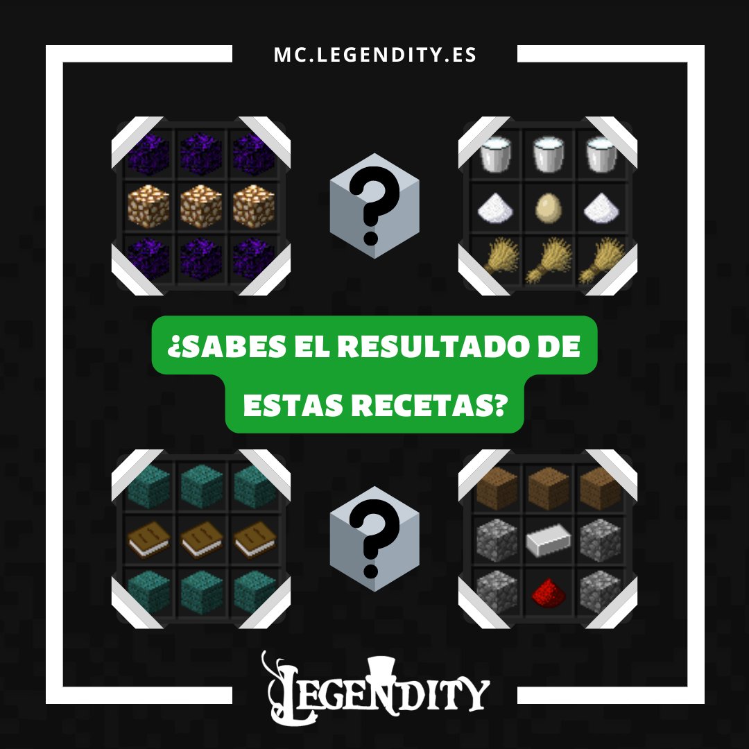 LegendityES's tweet image. ¡NUEVO RETO! 🎮

Crees que tienes todos los conocimientos dentro del minecraft. ¿Te sabes los resultados de las recetas que se encuentran en la imagen?.  😱💥