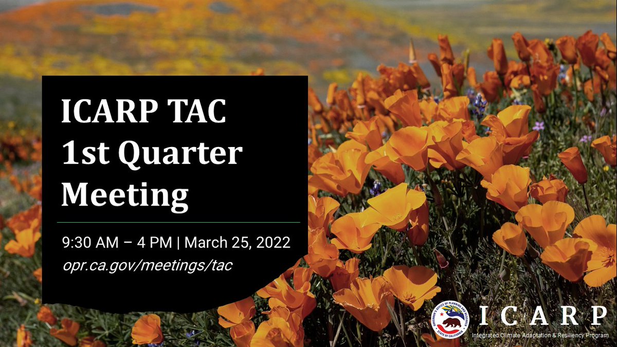 Cal_LCI's tweet photo. Save the date for the #ICARP Technical Advisory Council’s first quarterly meeting on March 25! 

The Council provides leadership, guidance, and direction on ICARP priorities and statewide #climateadaptation initiatives.  

Register: https://t.co/o5ZSFBKO4s https://t.co/NNiDbfD9B3