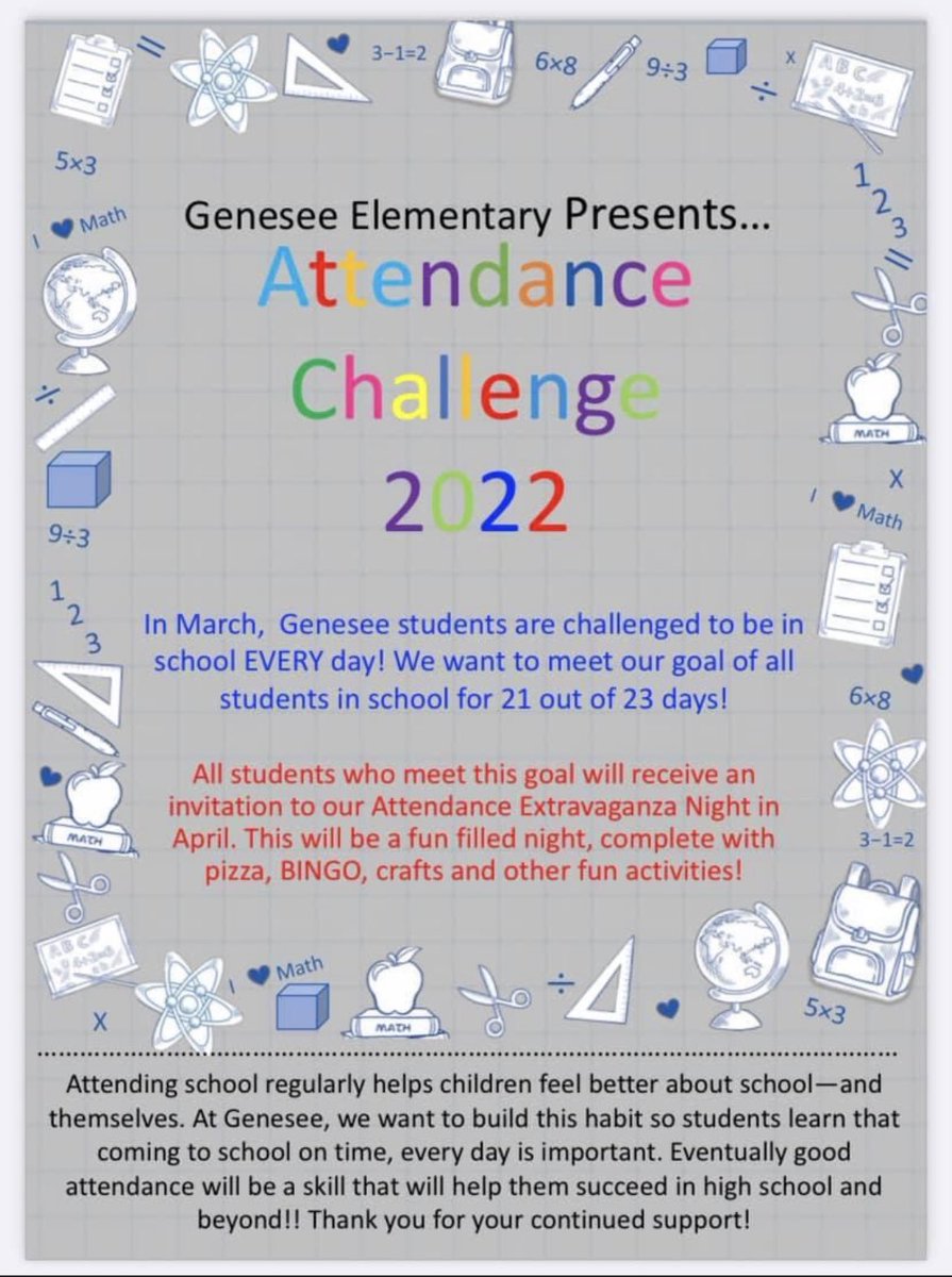 We have an attendance challenge for our students for the month of March!! Any student who is present 21 or more days (absent 2 days or less) will be given an entry ticket to a pizza and bingo night in April. Keep a lookout for the amazing prizes donated by Grace Chapel!