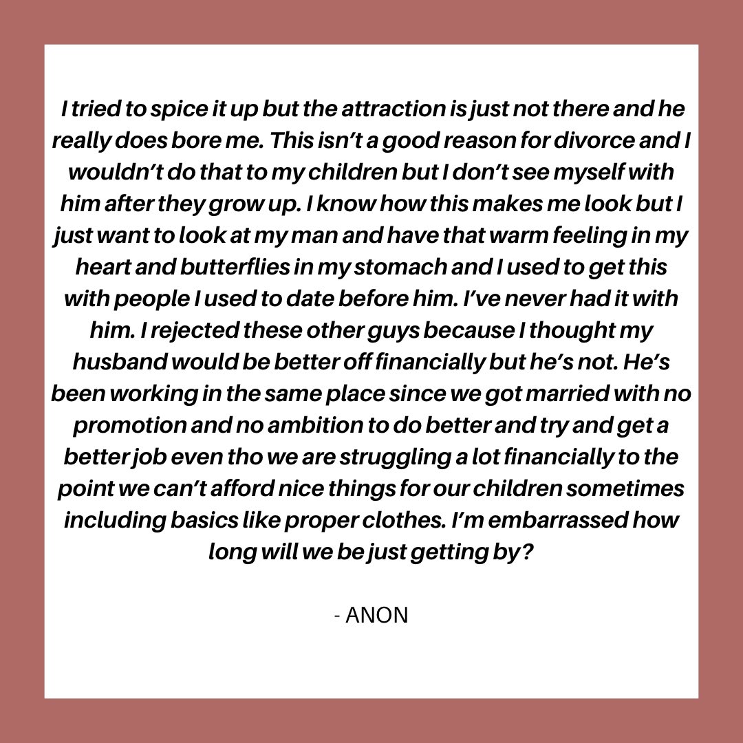 thesisterguide's tweet photo. I married someone who I wasn’t Attracted to and now I want to LEAVE

But the problem is we have kids https://t.co/j9RIQHlIbB